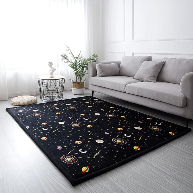 Loartee Coral Velvet Area Rug - 1" Thick Memory Foam Baby Play Mat, Washable Toddler Carpet, Home Decor for Living Room, Nursery, Kids Bedroom, Astral Black, 4'11"x4'11"