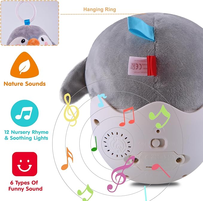 Infant Toys 0-3-6-12 Months Shower Gifts, Plush Cute Stuffed Animal Penguin Musical Baby Tummy Toys with Light & Sounds, Roly-Poly Easter Birthday Gift for Newborn Boys & Girls