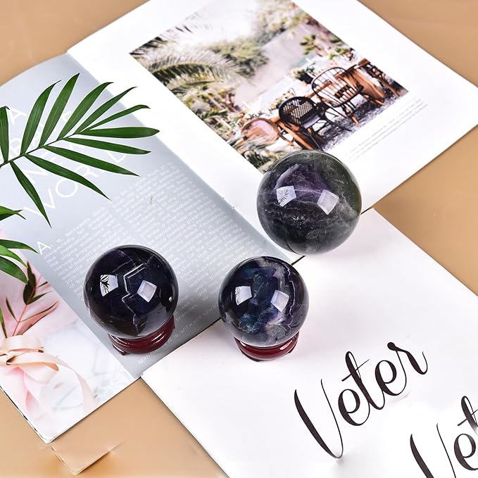 JIC Gem Colorful Fluorite Crystal Ball with Wooden Stand Healing Crystal Sphere Ball for Feng Shui Decor Spiritual Gifts 70-80mm