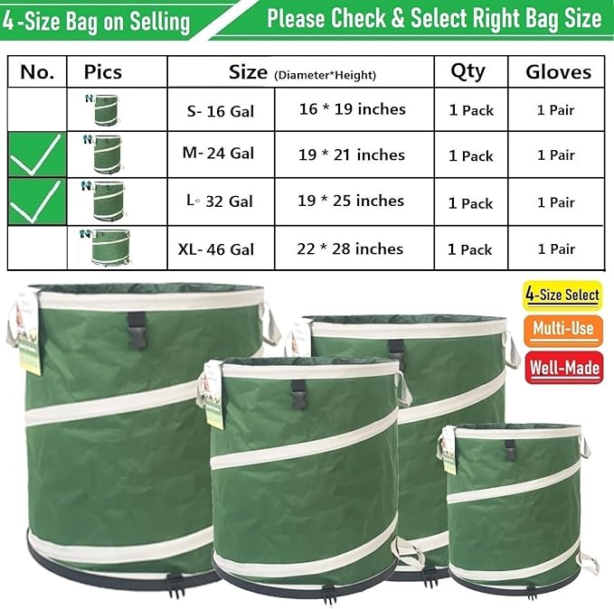 24 Gallon and 32 Gallon Collapsible Trash Can Solid Bottom for Garden Debris Bag,Yard Waste Bag,Pop-Up Trash Can,Recycling Bin,RV Camping Waste Bin,Laundry Hamper,Lawn Grass,Yard Weeds Bags,Leaf Bags