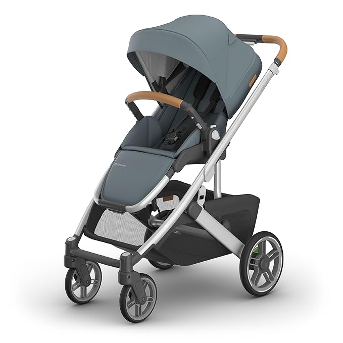UPPAbaby Cruz V3 Stroller - from Birth + Car Seat Compatible - Full-Size, Reversible Seat - Infant Insert, Bug and Rain Shields Included - Callum (Stone Blue/Silver Frame/Sand Leather)