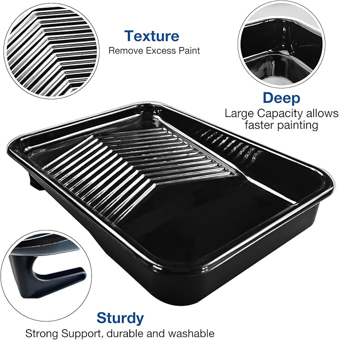 Great Andrew 9 Inch Paint Tray Set, 15-Pack, Plastic Paint Tray with 12 Textured Tray Liners, Paint Roller Liners Kit with Roller and Wire Roller Frame for Painting Walls, Ceilings, Trim, Siding