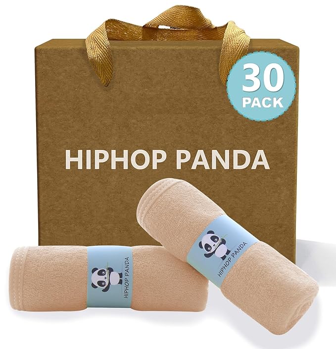 HIPHOP PANDA Baby Washcloths, Rayon Made from Bamboo - 2 Layer Ultra Soft Absorbent Newborn Bath Face Towel - Reusable Baby Wipes for Delicate Skin - Brown, 30 Pack