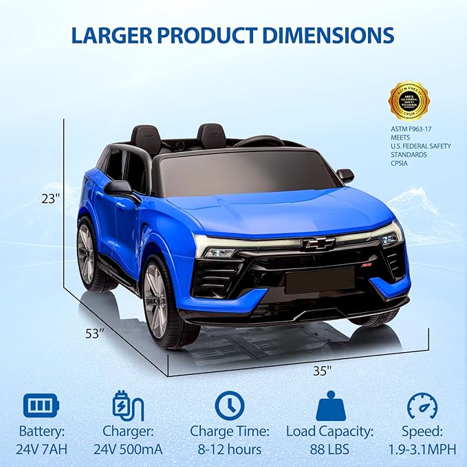 Hetoy 24V 2-Seater SUV Licensed Chevrolet Blazer Ride On Car Toy w/Parent Remote Control, 3 Speeds, Wireless Music, MP3 Player, Electric Car for Kids Ages 3-8, Blue