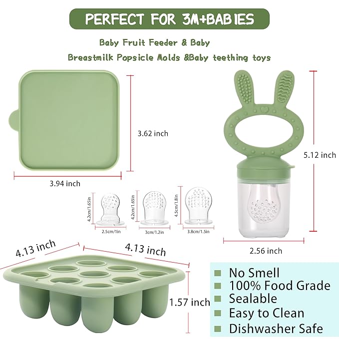 WAJIAYON Easter Bunny Baby Breastmilk Popsicle Molds & Baby Fruit Feeder,Infant Food Freezer Tray Storage Containers, Silicone Teething Pacifier Feeder and Teether for Babies,Moss and Fawn