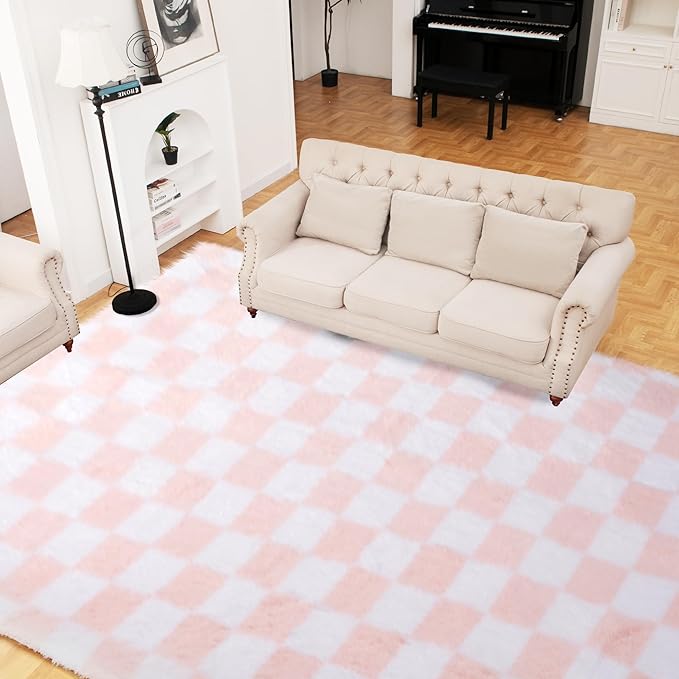 Super Soft Rug for Bedroom, 4x5.8 Ft Pink and White Area Rug Classic Checkered Shaggy Anti-Skid High Pile Soft Fluffy Rug Fuzzy Carpet for Living Room Bedroom Kids Room Nursery, Dorm Home Decor