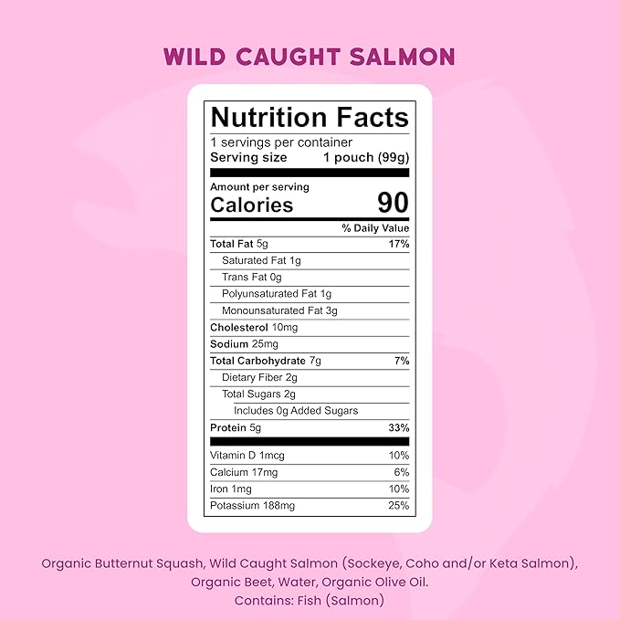 Serenity Kids 6+ Month Salmon Baby Food Pouches - BPA-Free Wild Caught Salmon & Organic Butternut Squash & Beet - No Added Sugar & High Protein - 3.5 Oz, 6 Pack
