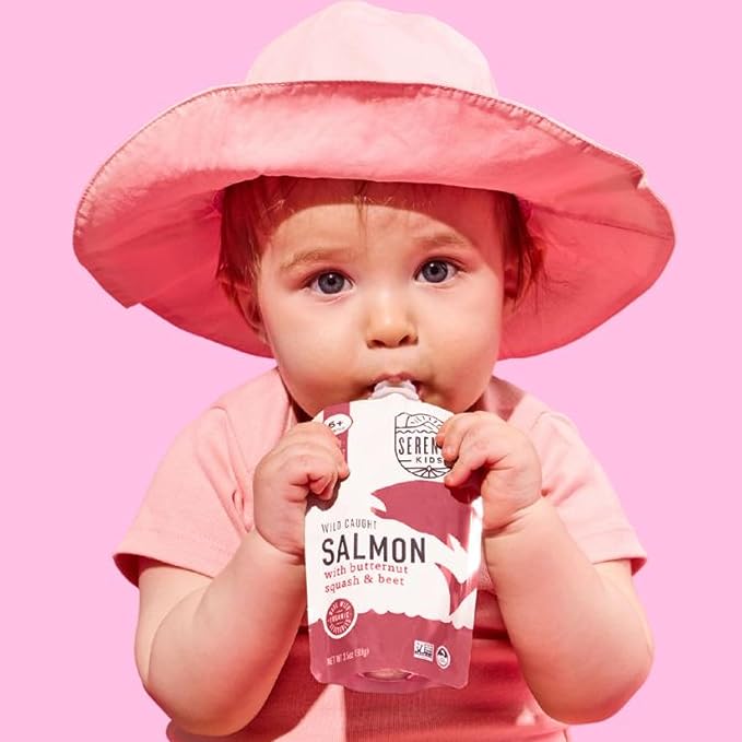 Serenity Kids 6+ Month Salmon Baby Food Pouches - BPA-Free Wild Caught Salmon & Organic Butternut Squash & Beet - No Added Sugar & High Protein - 3.5 Oz, 6 Pack