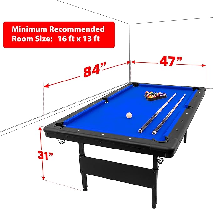 GoSports 6, 7, or 8 ft Billiards Tables - No Assembly, Choose Your Color - Portable Pool Table Includes Full Set of Balls, 2 Cue Sticks, Chalk and Felt Brush