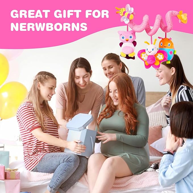 Jollybaby Baby Car Seat Stroller Toys, Plush Activity Hanging Spiral Activity Pram Crib with Music Box, Rattles, Squeaker for Babies Infant Boys Girls(Pink)