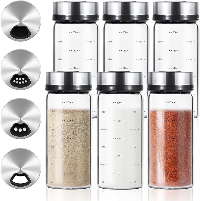 6 Pack Glass Spice Jars, 7 oz Salt and Pepper Shakers with Adjustable Pour Holes - for Seasonings, Herbs, Powders, Glitters
