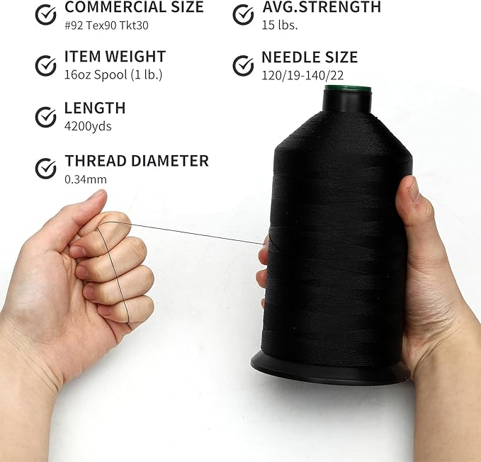 Extra Strong Bonded Nylon Thread #92 Tex90 – 16 OZ, 4200yds, Versatile Stitching Solution for Leather, Upholstery, Canvas Repair and More (Black)