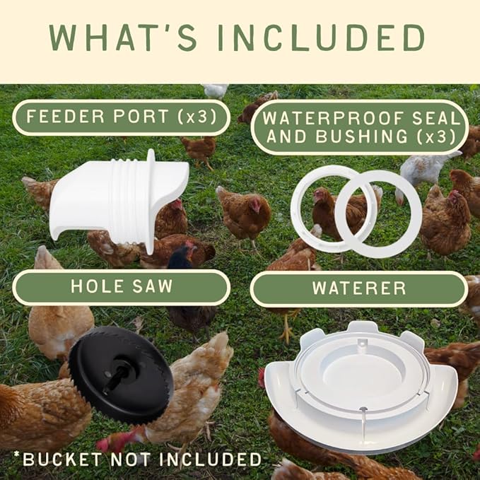 DIY Port PVC Gravity Fed Chicken Feeder 3 Ports and Hole Saw | Use for Buckets, Barrels, Bins, Troughs | Rain Proof, Weather Resistant, No Waste (Feeder and Waterer Bundle)