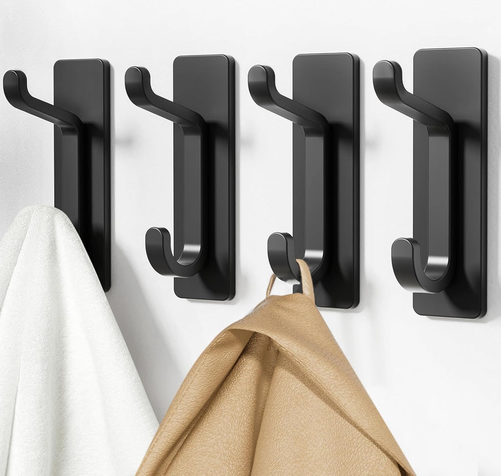 Wall Hooks for Coat and Towel: 13LB Adhesive Door Hanger Stick on, Black 6 Pack
