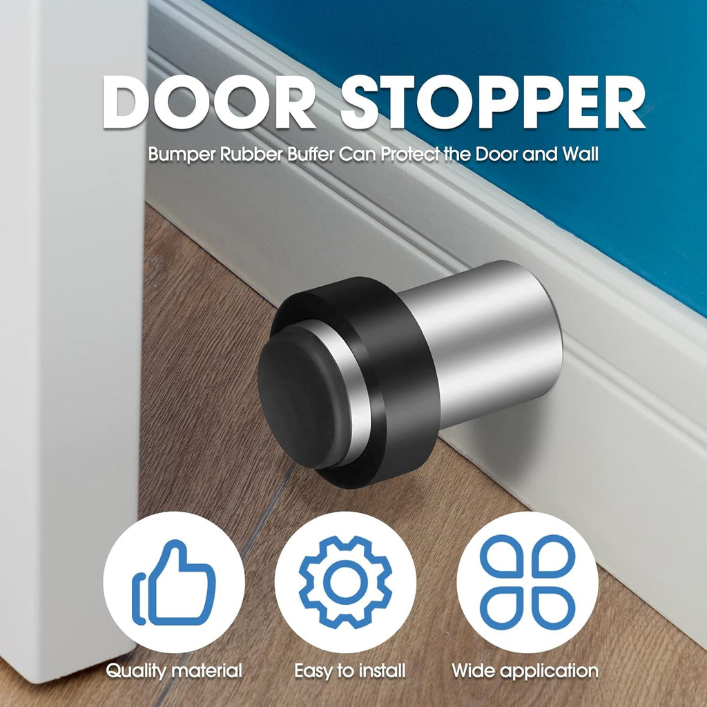 Chumia 10 Pcs Door Stopper Mounted Floor Stops Stainless Steel Cylindrical Stopper Modern Decorative Rubber Bumper Stops Holder Wall Protector for Bottom or Top of Door (Silver)