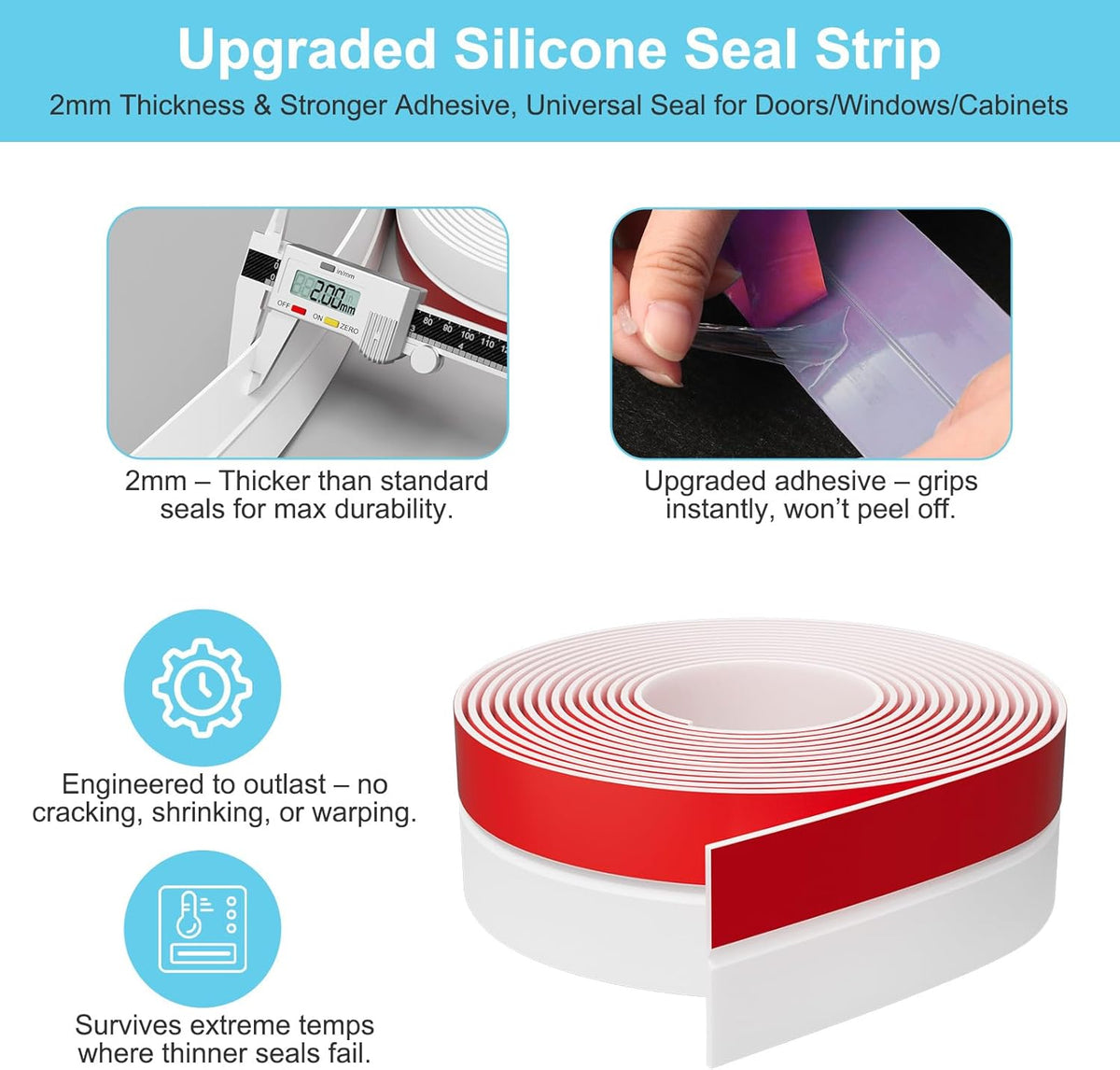 Heavy-Duty 36 ft x 3 in Weather Stripping, Extra Thick 2mm Door Draft Stopper Silicone Seal Strip for House and Glass Shower Doors for Collision and Side Gaps of Door and Windows, White