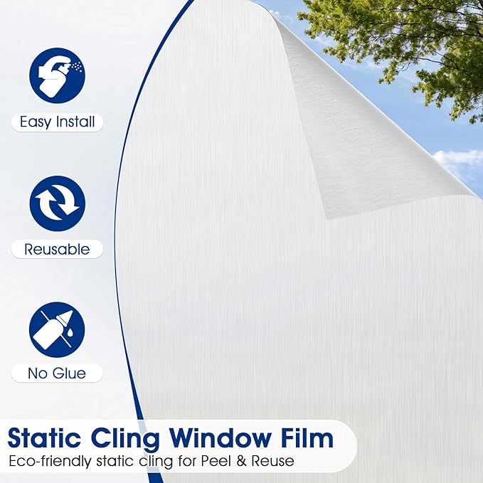 Privacy Window Film Static Cling, Frosted Glass Decorative Window Film with 96% UV Blocking, Non-Adhesive Removable Window Cling for Home Office Bathroom, 29.5 x 78.7 Inches, White