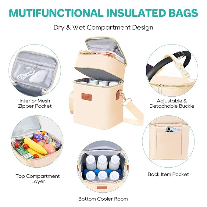 PIIOSER Breastmilk Cooler Bag with Ice Pack Fits 6 Baby Bottles Up to 9 Ounce, Insulated Baby Bottle Tote Bags, Double Layer Waterproof Leak-Proof with Shoulder Strap for Nursing & Working Mom (Cream)