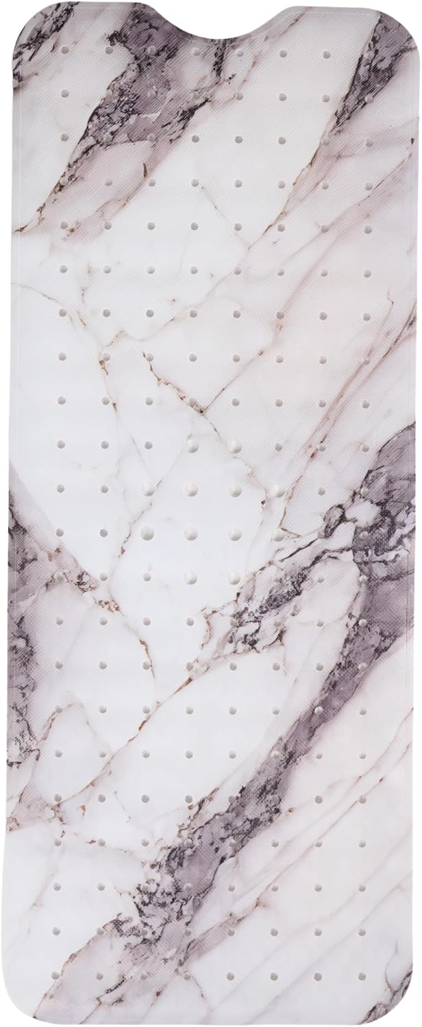 ENKOSI Bath Mat – Large 40 x 16 Inch Non-Slip Bathtub Mat with Suction Cups & Drain Holes – Extra Long Shower Mat for Tub with Marble Print Design (Grey Marble 40x16)