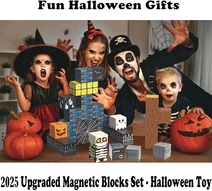 Halloween Themed Magnetic Blocks for Kids Skeleton Toys Spooky Town Building Kit Halloween Party Favors Gift for Children & Adults(1 inch)