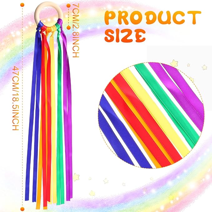 Junkin Ribbon Rings Hand Kite Waldorf Toys Dancing Wrist Ribbons Rainbow Streamers with Wood Ring Educational Toy for Playroom Dancing Birthday Party Gift(24 Pcs)