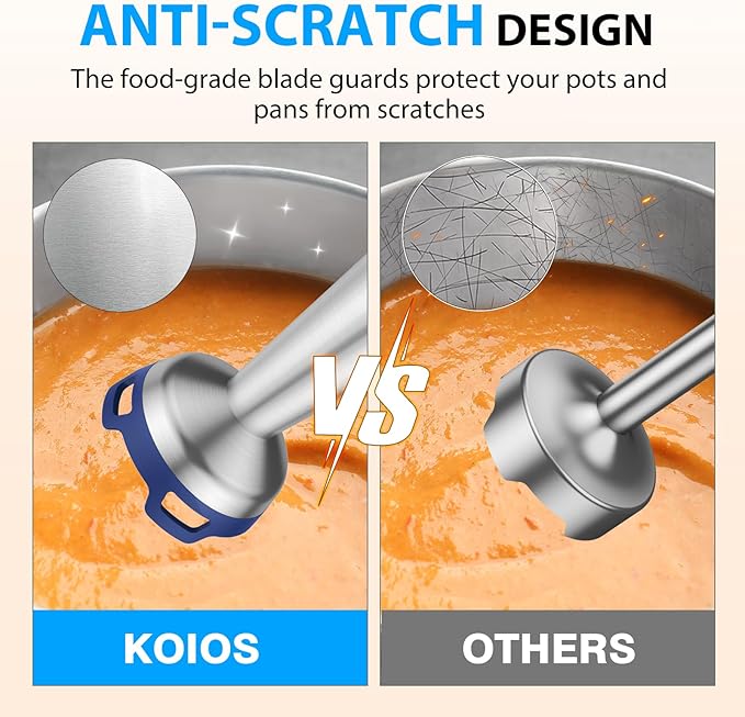 KOIOS Immersion Blender, 1000W Anti-scratch 3-in-1 Hand Blender, Upgraded 12 Speed Stainless Steel Blade Stick Blender with Turbo Mode, Whisk and Milk Frother, Non-BPA, Blue