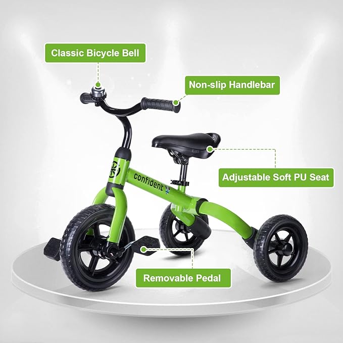 Ancaixin 3 in 1 Toddler Tricycles for 2-5 Years Old Boys and Girls with Adjustable Seat Detachable Pedal and Bell, Foldable Baby Balance Bike Riding Toys for Kids, Child Birthday Gift Green