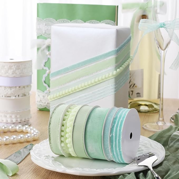 LaRibbons Green Ribbons for Crafts 6 Rolls Assorted Mint Green Ribbons for Gift Wrapping, DIY Crafts, Sewing, Hair Bows and Party Decorations 27.5 Yards