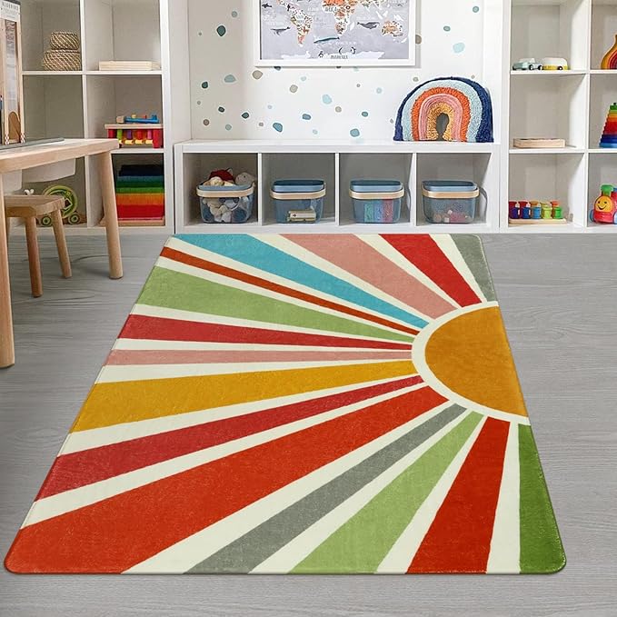 STARUIA Kids Rug 5'x7', Boho Washable Rainbow Nursery Rug, Non-Slip Soft Carpet for Playroom, Classroom, Office, Dining Room