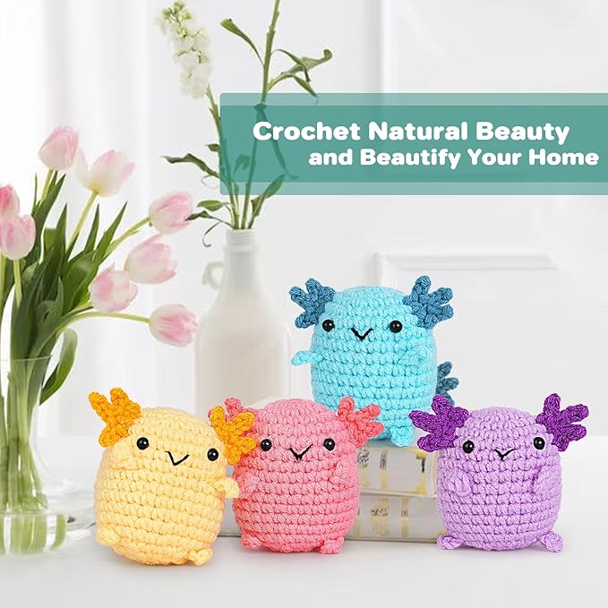 Crochetta Crochet Kit for Beginners, Crochet Starter Kit w Step-by-Step Video Tutorials, Beginner Crochet Kit for Adults Kids Women Men Complete Kit Included (4 Mini Axolotls)