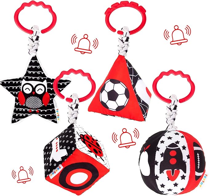 teytoy High Contrast Baby Stroller Toy, Black and White Infant Pattern Toys with Rattle, Easy Clip Hanging Toys, Stroller Crib Carseat Toy, Newborn Baby Toys for 0 3 6 9 12 Month