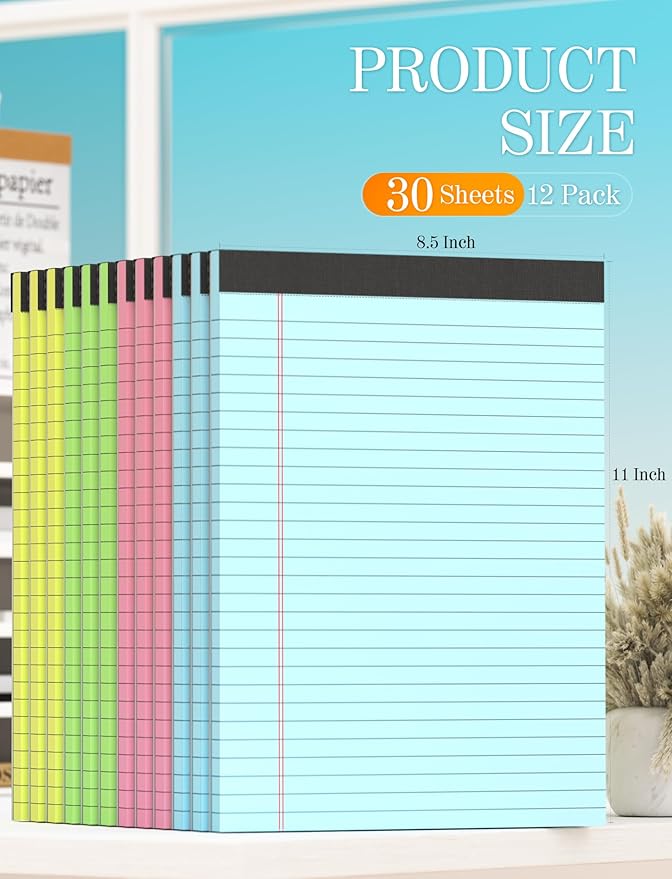 Legal Pads 8.5 x 11 Colored Note Pads, 12 Pack Colored Paper Pads 8.5 x 11 Lined Paper, Pads of Paper 8.5 x 11 Writing Pads, Wide Ruled Notebook Pad 8 1/2 x 11, Legal Notepads 8.5 x 11, 30 Sheets/Pad