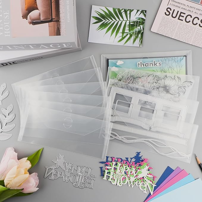 BAOFALI 100 Pcs/Set 5 Sizes Clear Stamp and Die Storage Pockets, Stamp Storage Bags, Plastic Envelopes, Scrapbooking Storage Die Cuts for Stencil Storage Card Making Cutting Dies