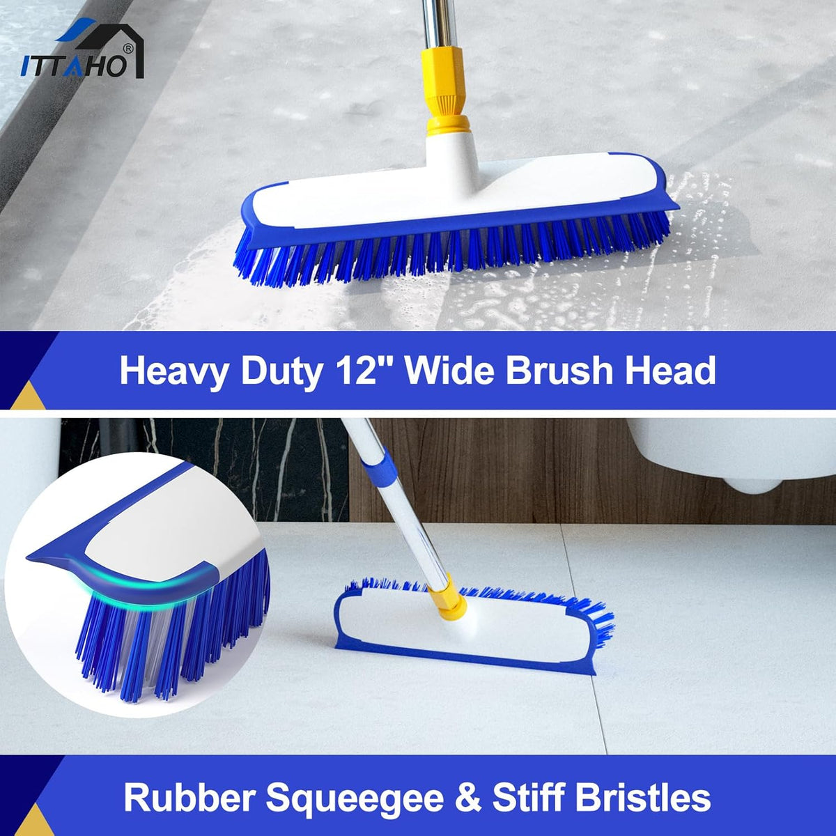 ITTAHO 12" Wide Floor Scrub and Grout Brush Set With Long Extendable Handle - Stiff Bristle Heavy Duty Cleaner for Tile, Deck, Garage, Kitchen, Bathroom
