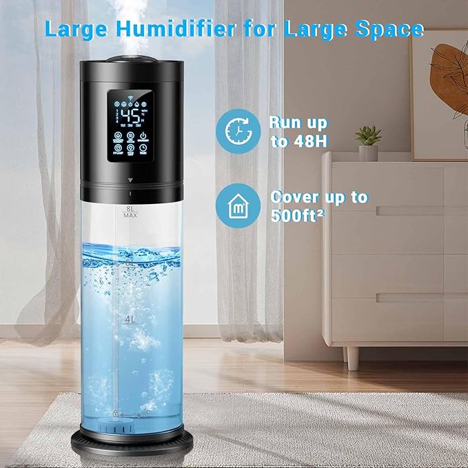 8L Humidifiers for Bedroom Large Room, 4 Levels Cool Mist Humidifier with Clear Tank, 7 Color Lights Essential Oil Diffuser with 16H Timer, Top Fill Humidifier for Home Plants Office