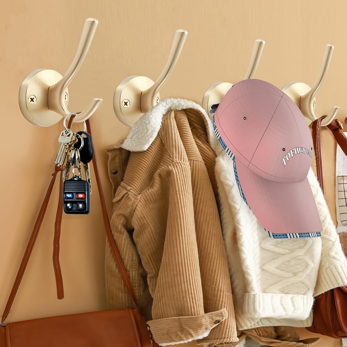 Gold Hat and Coat Hooks, 4 Pack Heavy Duty Coat Robe Hook, Metal Double Backpack Hook Wall Mounted, Towel Hooks for Bathroom Entryway Cubicle Closet Garage