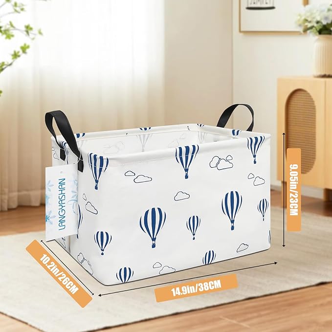 LANGYASHAN Rectangular Storage Bin Collapse Canvas Fabric Cartoon Storage Basket with Handles for Organizing Home Kitchen Boys and Girls Toys Office Closet Shelf Baskets (Rec Blue Balloon)