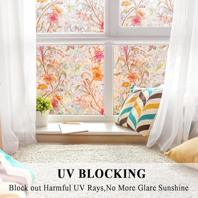 Stained Glass Window Film Static Cling Door Privacy Film Decorative Flowers Red Leaves Window Decals Stickers Heat Control Anti UV for Home and Office,35 inches by 78.7 inches