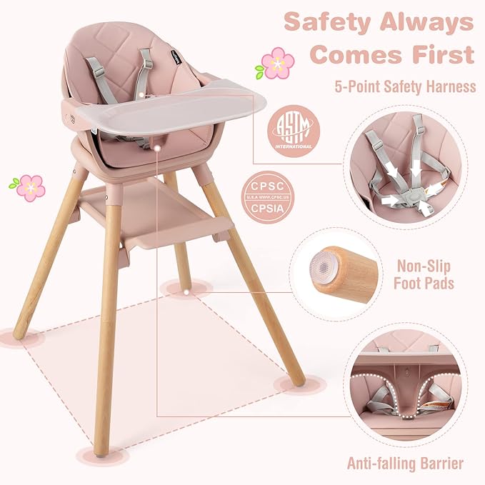 BABY JOY Baby High Chair, 6 in 1 Convertible Wooden High Chair for Babies & Toddlers with Adjustable Legs, Double Removable Tray, Safety Harness & Waterproof PU Cushion (Pink)