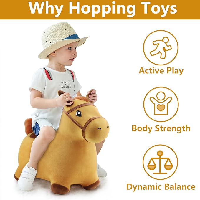 iPlay, iLearn Bouncy Pals Hopping Horse, Toddler Girl Boy Inflatable Bouncing Animal Hopper Toy, Outdoor Indoor Plush Ride on Bouncer, Baby Birthday Gift 18 Month 2 3 4 Year Old Kid - Horse