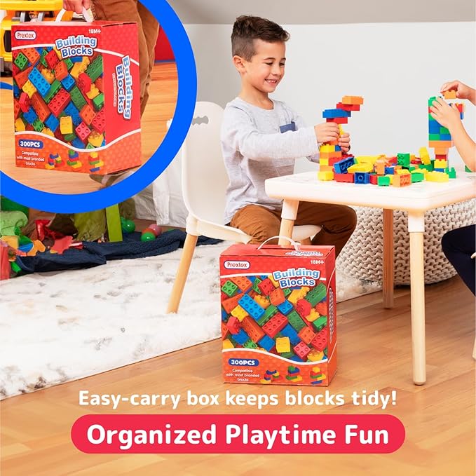 PREXTEX Building Blocks for Toddlers - 300 Jumbo Building Bricks with Carrying Box for Easy Storage - 5-Color Build Toys and Gift Set for Kids Ages 3 and Above - Compatible with Major Brands