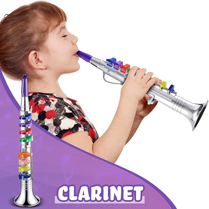 Amylove Set of 2 Musical Instruments for Kids Including Toy Saxophone and Kids Clarinet Plastic Toy Instruments Saxophone Clarinet with 8 Colored Keys Educational Home School Music Gift(Silver)