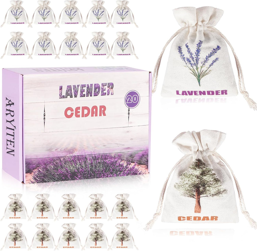 20 Pack Cedar Chips and Natural Dried Lavender Sachets Bags - Stop Clothes Damage, Cedar and Lavendar Home Fragrance Sachets for Drawers and Closets