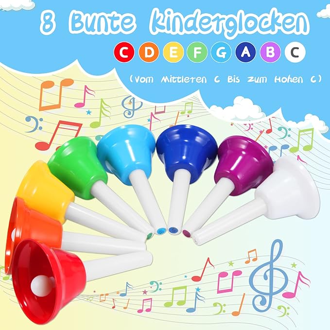 Hand Bells, 8 Note Musical Handbells Set with 17 Songbook Musical Toy Percussion Instrument for Toddlers Children Kids for Children's Day Family Activity School and Church (Upgraded Edition)