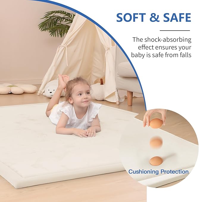 Baby Play Mat for Floor,1.3" Thick Elasti-Foam 50x50 Playpen Mat for Toddlers Infant Kids,Water-Repellent Soft Coral Velvet for Tummy Time,Non-Slip Backing for Crawling,Tatami Style(Cream)