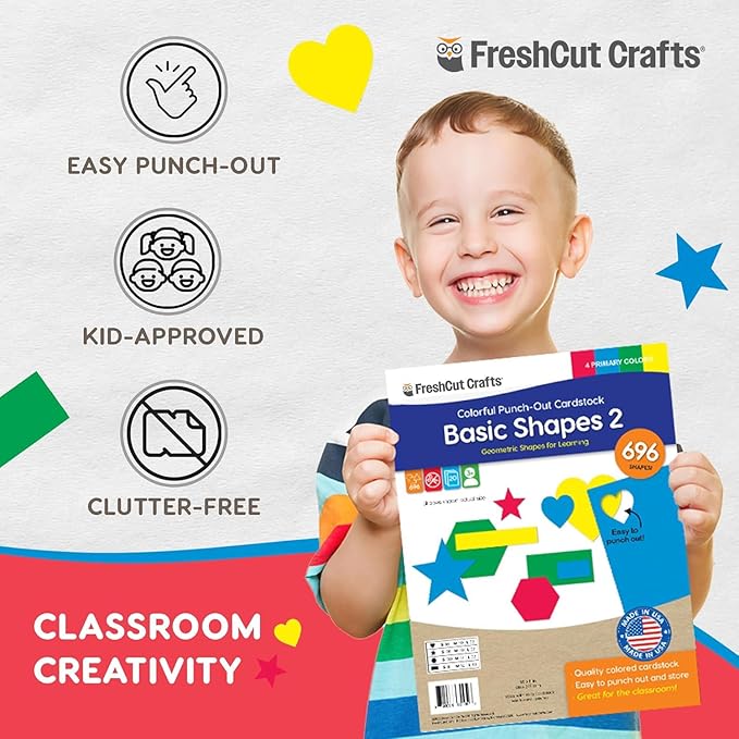 Basic Shapes 2: Hearts, Stars, Hexagons, Rectangles, 696 Pieces US Made Card Stock Punch Out Geometric Shapes in 3 Sizes and 4 Primary Colors for Math, Pattern Play and DIY Crafting
