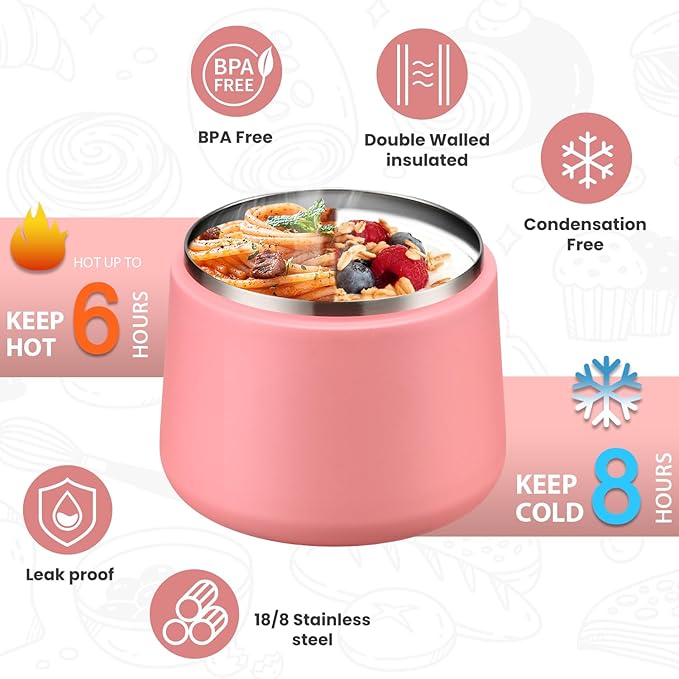 Soup Thermo for Hot Food Kids 14oz Lunch Containers with Buckle Lid Wide Mouth Hot Food Jar Vacuum Insulated Stainless Steel Bento Box Leakproof with Spoon (Dark Pink)