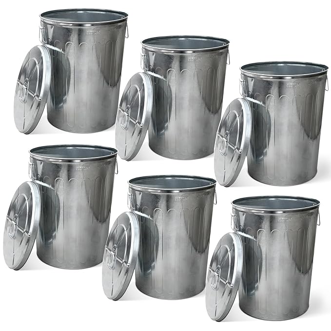 Plexon 20 Gallon Metal Trash Can with Lid Outdoor Galvanized Steel Large Garbage Can, 6 Pack