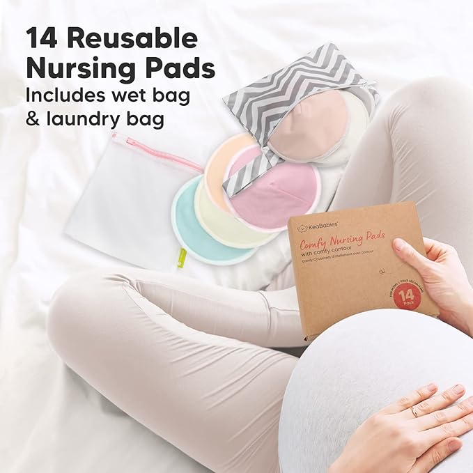 Organic Nursing Pads - 14 Washable Viscose Derived from Bamboo Breastfeeding Pads, Wash Bag, Reusable Breast Pads for Breastfeeding, Nipple Pads for Breastfeeding Essentials(Pastel Touch, M 3.9")