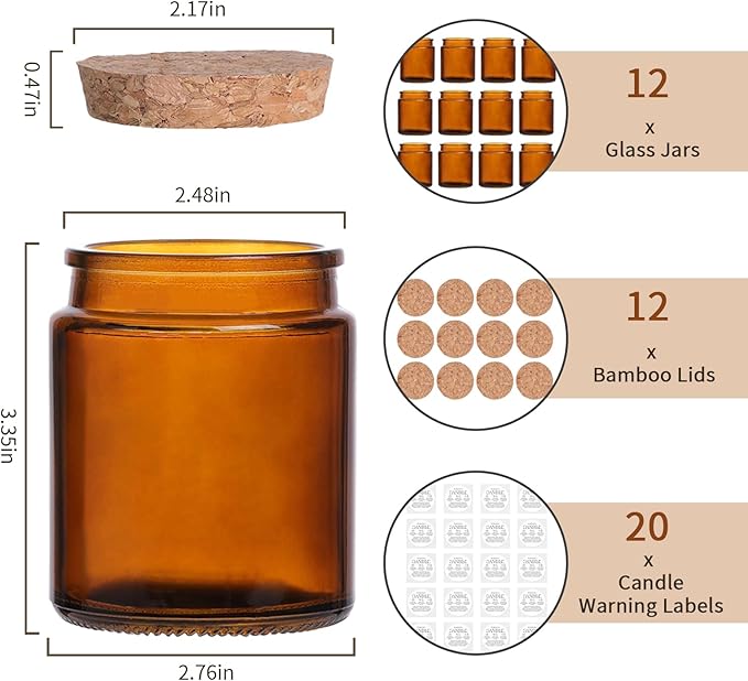 12Pcs Amber Candle Jars for Making Candles, 7.5oz Glass Jars with Wooden Lids and Labels, Candle Containers for DIY, Gifts, Candle Making Supplies, Table Decor